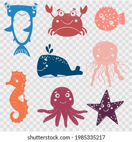Set of cute marine animals for cutting with a plotter. Crab, shark, whale, fish ball, seahorse, octopus, and starfish on transparent background. laser cutting file svg