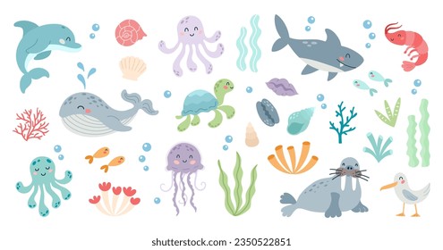 Conjunto de lindos animales marinos al estilo de dibujos animados planos. Vida marina, elementos de diseño oceánico para imprimir, afiche, tarjeta. Ilustración del vector