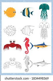 Set of cute marine animals illustrations for coloring page or book. Black outline and color elements isolated on white. Vector drawing.