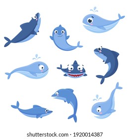 Set of cute, marine, cartoon animals. Underwater animals. Whale, shark, dolphin. Undersea world. Cartoon vector illustration isolated on white. Flat style.
Printing, fabric. textiles, development