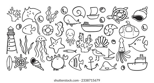 Set of cute marine doodle art illustration