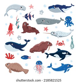 Set of cute marine mammals and fishes, bubbles and plants flat style, vector illustration isolated on white background. Cartoon animals with pink cheeks