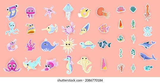 A set of cute marine and ocean underwater inhabitants isolated on a white background. ​A bundle of cartoon hand drawn animals. Sticker Ocean animals. Cute sea animals characters. Vector illustration