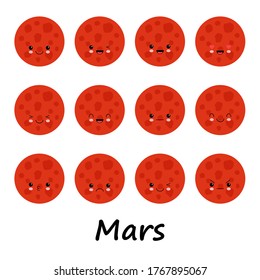 Set of cute mars smiley. Mars emoticons, flat emoji, kawaii style emotion.