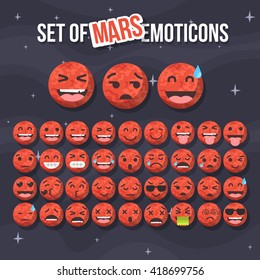 Set of cute mars smiley. Mars emoticons, flat emoji, vector illustration.