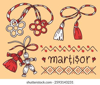 set with cute martisor. vector colorful illustration with Romanian and Moldavian traditions