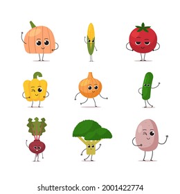 establecer personajes lindos de verduras mascota personajes graciosos de dibujos animados colección concepto de comida saludable