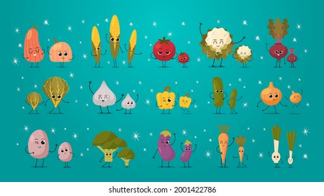 establecer personajes lindos de verduras de mascota personajes graciosos de dibujos animados colección concepto de comida saludable horizontal