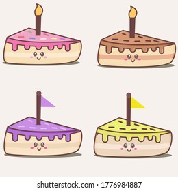 set of cute mascots from a piece of sweet cake, flat illustration, party concept