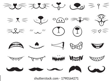 Set of cute masks. Collection of different types of smiling faces with mustache.  Line art. Party mouth masks set. Funny pets. Vector illustration for children. Tattoos.