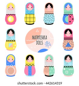 Set of cute matryoshka dolls with trendy memphis style geometric elements.