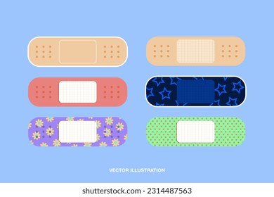 Set of Cute Medical Plaster band aid illustrations. Star patterned blue plaster, flower medical bandage, polka dots. Colorful adhesives. Vector Illustration. EPS 10.