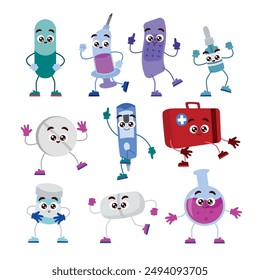 Conjunto de lindo personaje de medicina con caras colección de avatar de dibujos animados, mascota de medicina de dibujos animados. Los personajes lindos de las pastillas felices matan bacterias y virus. Cápsulas, comprimidos en blíster, ilustraciones para niños.