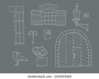 Set of cute medieval architectural details of old European city. Hand-drawn vector illustration.