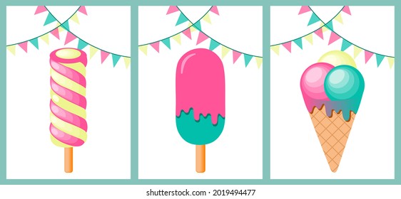 Set of cute melting ice cream balls. Vector illustration for ice cream shop, gelateria or cafe. Pink, lemon and mint color used. Color flags are above ice cream. 