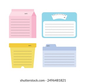 Un conjunto de lindas ilustraciones de bloc de notas en forma de leche, maceta, escala y archivo. Memo, cuaderno, tarjeta, carta, material de oficina, papelería.