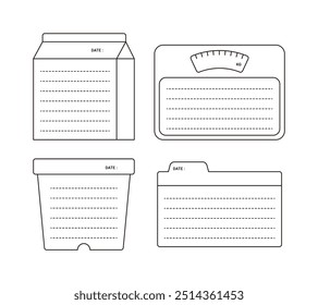 Un conjunto de lindas ilustraciones de bloc de notas en forma de leche, maceta, escala y archivo. Memo, cuaderno, tarjeta, carta, material de oficina, papelería.