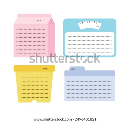 A set of cute memo pad illustrations in the shape of milk, flower pot, scale, and file. Memo, notebook, card, letter, office supplies, stationery.