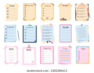 Set of cute memo paper sheets, sticky note, reminder, to do list, to buy list, schedule. Templates for notebooks, planners.