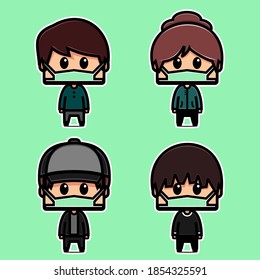 Set of  cute men and women character wearing medical masks. Prevent the spread of the viruses, bacteria,germs, and pollution design concept. Illustration vector