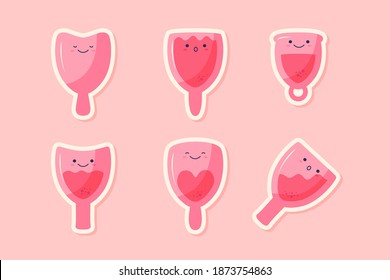 Set of cute menstrual cup characters. Different kinds of silicone cups, empty and full. Illustration for feminine hygiene, medicine, menstruation, zero waste concept.Vector flat cartoon illustration