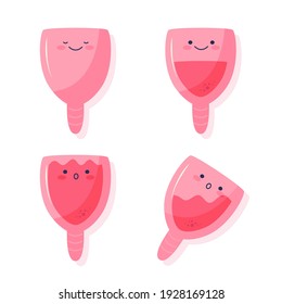 Set of cute menstrual cup characters. Different kinds of silicone cups, empty and full. Illustration for feminine hygiene, medicine, menstruation, zero waste concept.Vector flat cartoon illustration