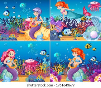 Set of cute mermaid with animal sea theme scene cartoon style  illustration