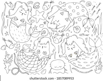 set of cute mermaid cats in doodle style, linear drawing, childrens illustration, decor, design, print