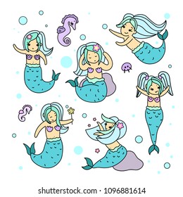 Set of cute mermaid characters isolated on white background. Kawaii mermaids with doodles for invitation, greeting card, poster etc. 