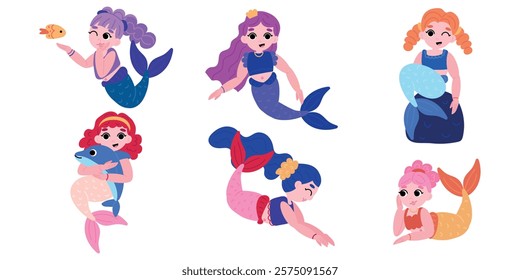 Set of cute mermaid. Little princess water adventures. Marine fairytale characters for kids. Ocean underwater kingdom girl with fish tail. Sirens swimming, holding dolphin, sitting on rock with fish.