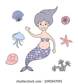 Set of cute mermaid and marine nature. Vector illustration.