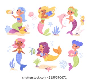 Set of cute mermaid princess. Beautiful magical characters with colorful hair and fish tails. Underwater inhabitants. Design for children. Cartoon flat vector collection isolated on white background