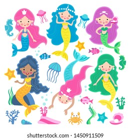 Set of of cute mermaid princess with colorful hair and other under the sea animals: fish, jellyfish, starfish, seahorse, crab.