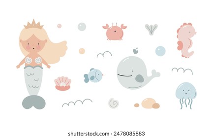 Conjunto con sirena linda y animales marinos. Sirena, cangrejo, ballena, caballito de mar, medusa, concha, perla, pez. Objetos planos aislados de la historieta sobre fondo blanco. Diseño de infantes de marina.