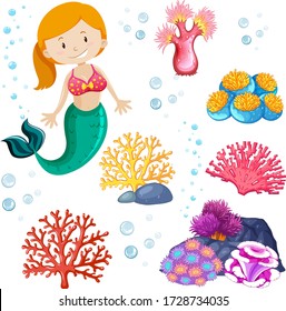 Set of cute mermaid and sea theme illustration