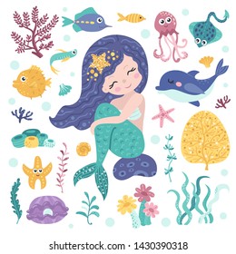 Set of cute mermaid, seaweeds and marine inhabitants . Colorful vector illustration collection