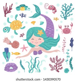 Set of cute mermaid, seaweeds and marine inhabitants . Colorful vector illustration collection