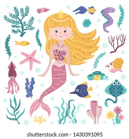 Set of cute mermaid, seaweeds and marine inhabitants . Colorful vector illustration collection