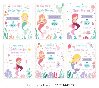 Set of cute mermaid theme birthday party invitation card vector illustration.