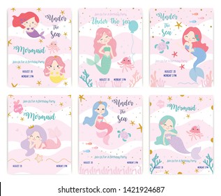 Set of cute mermaid theme birthday party invitation card vector illustration.