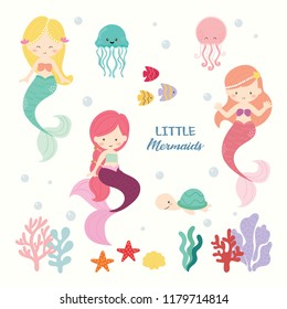 Set of cute mermaid vector.