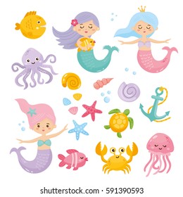 Set of cute mermaids and aquatic nature. Cute sea objects collection. Octopus, seashells, jellyfish and starfish.