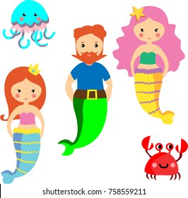 Set of cute mermaids and aquatic nature. Cute sea objects collection Vector illustration.