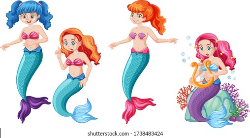 Set of cute mermaids cartoon character cartoon style on white background
 illustration