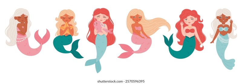 Set of cute mermaids in different poses in cartoon style. Flat vector illustration.