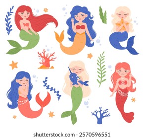 Set of cute mermaids in different poses in cartoon style. Starfish, corals, algae. Flat vector illustration.