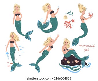 Set of cute mermaids isolated on white background. Vector graphics.