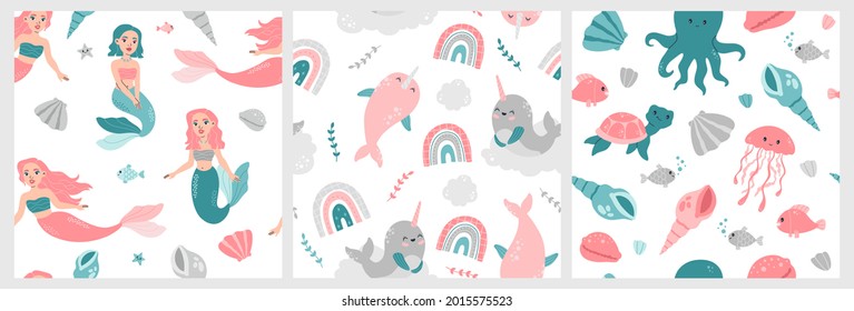 Set of cute mermaids and ocean creatures seamless patterns. Underwater inhabitants octopus, turtle and fish, trendy animals, vector flat cartoon print on white background, repeat design for wallpapers