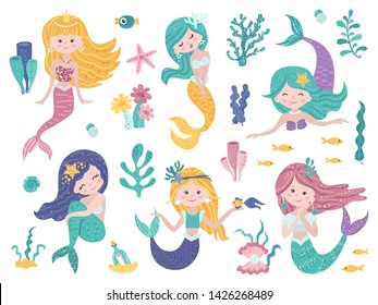 Set of cute mermaids and sea nature.