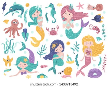 Set of cute mermaids and sea nature . Colorful vector illustration collection